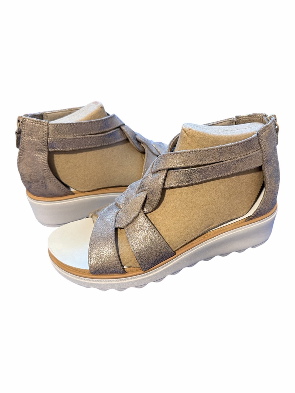Clarks Jillian Women's Metallic Taupe Braided Wedge Sandals with White Sole